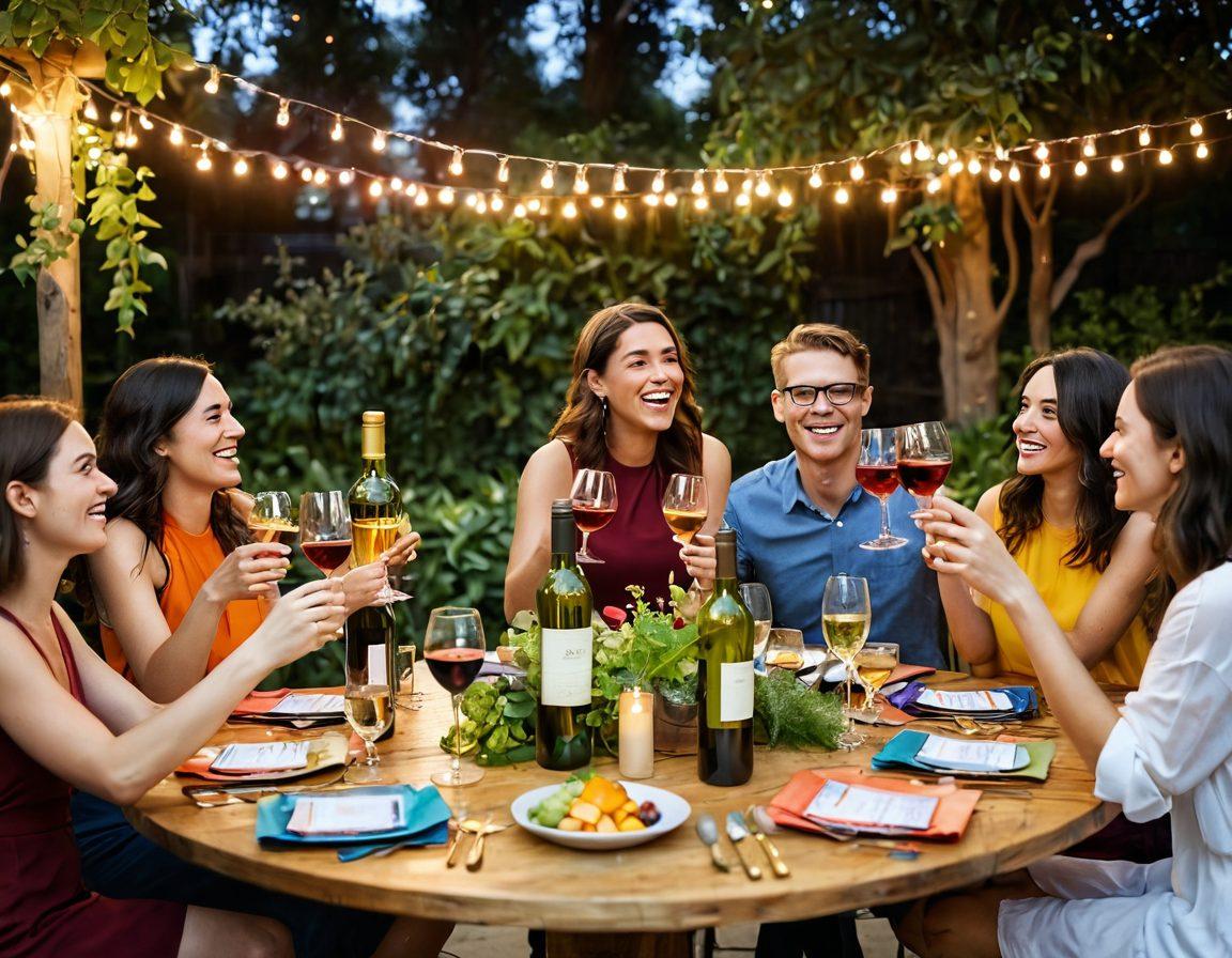 A vibrant table set for a joyful happy hour, featuring an array of colorful wine bottles with playful labels, glasses filled with various wines, and a backdrop of a cheerful outdoor setting adorned with fairy lights and lush greenery. Include a group of friends laughing and toasting with wine glasses, showcasing the essence of celebration. super-realistic. vibrant colors. outdoor setting.