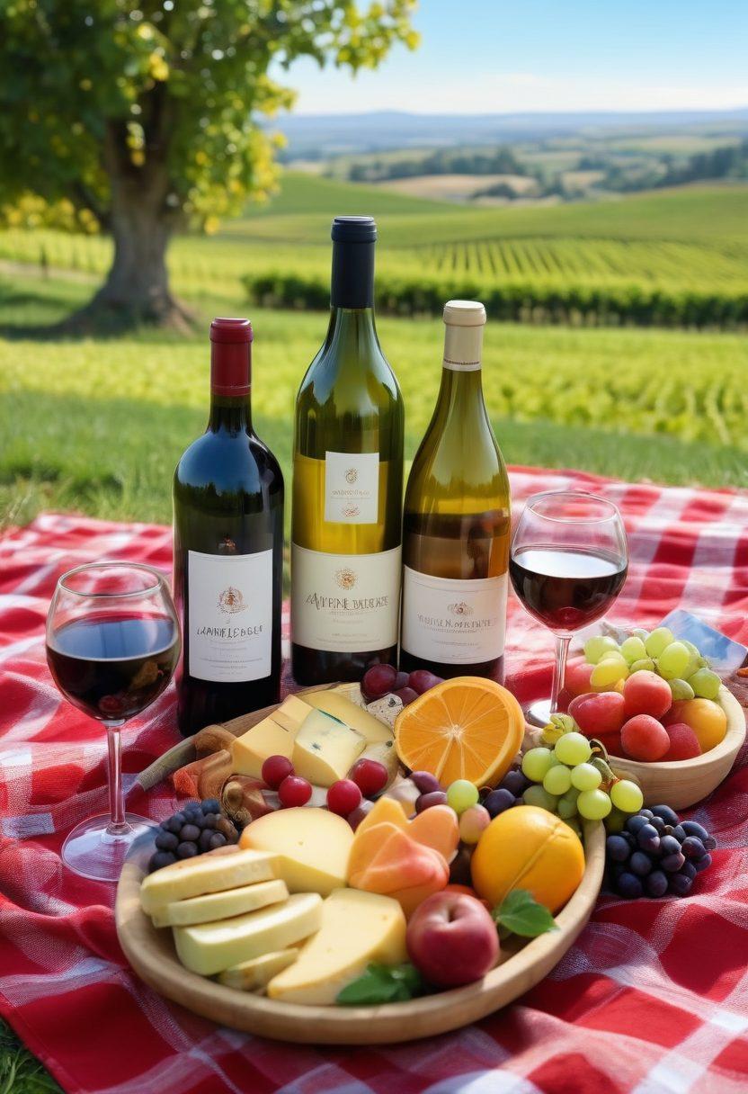 A beautifully arranged picnic scene featuring an array of colorful wine bottles, glasses filled with vibrant wines, and a cheerful spread of fruits and cheeses on a checkered blanket. The background showcases a sunny vineyard with rolling hills and bright blue skies to evoke joy and celebration. Include cozy elements like fairy lights and a smiling couple enjoying the moment. vibrant colors. super-realistic. sunny atmosphere.