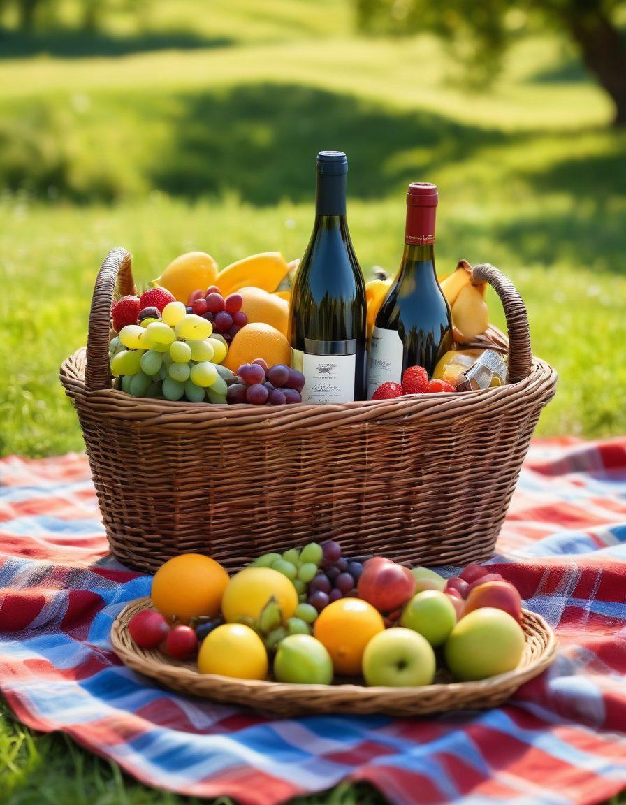 A cozy picnic scene featuring a variety of cheerful wine bottles displayed in a wicker basket, surrounded by colorful picnic blankets and vibrant fruit platters. Sunlight filters through green leaves, casting dappled shadows on the scene, evoking a joyful atmosphere perfect for celebration. In the background, soft hills and blue skies complete the idyllic setting. super-realistic. vibrant colors. soft focus.